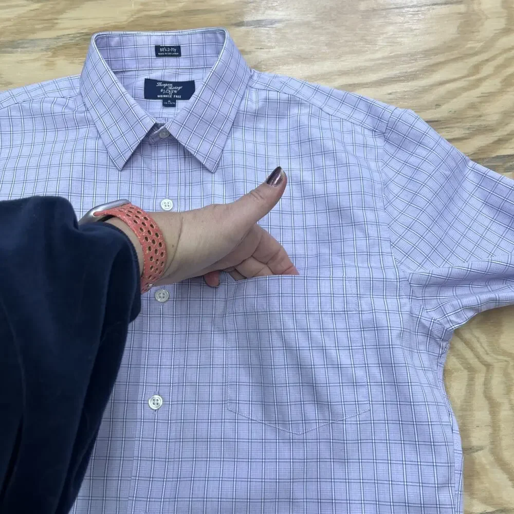 J. Crew Thompson Shirtings Wrinkle Free Purple White Plaid Check Size M 15 15.5